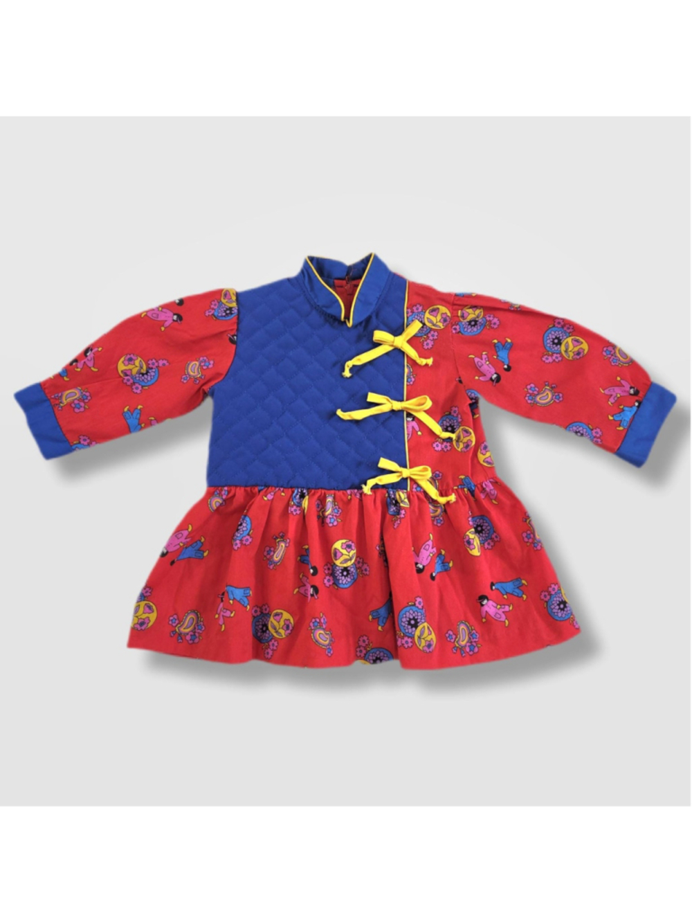 Vintage 70s Charming Original Girl Dress, Quilted Blue, red folk print | 9-12m